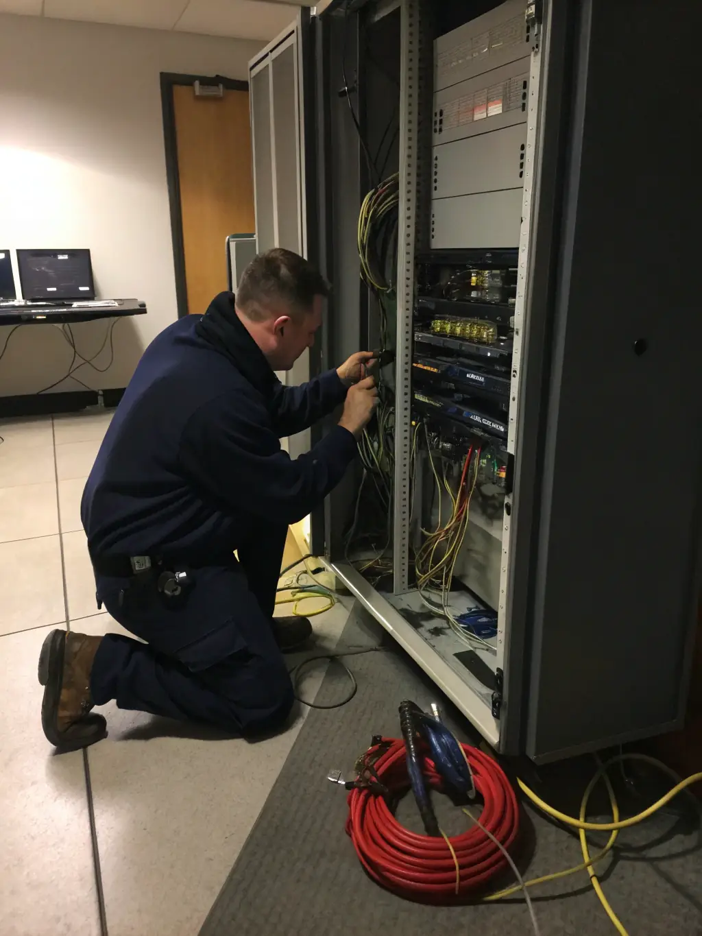 A technician repairing a VoIP phone system, highlighting the prompt and efficient repair services offered.