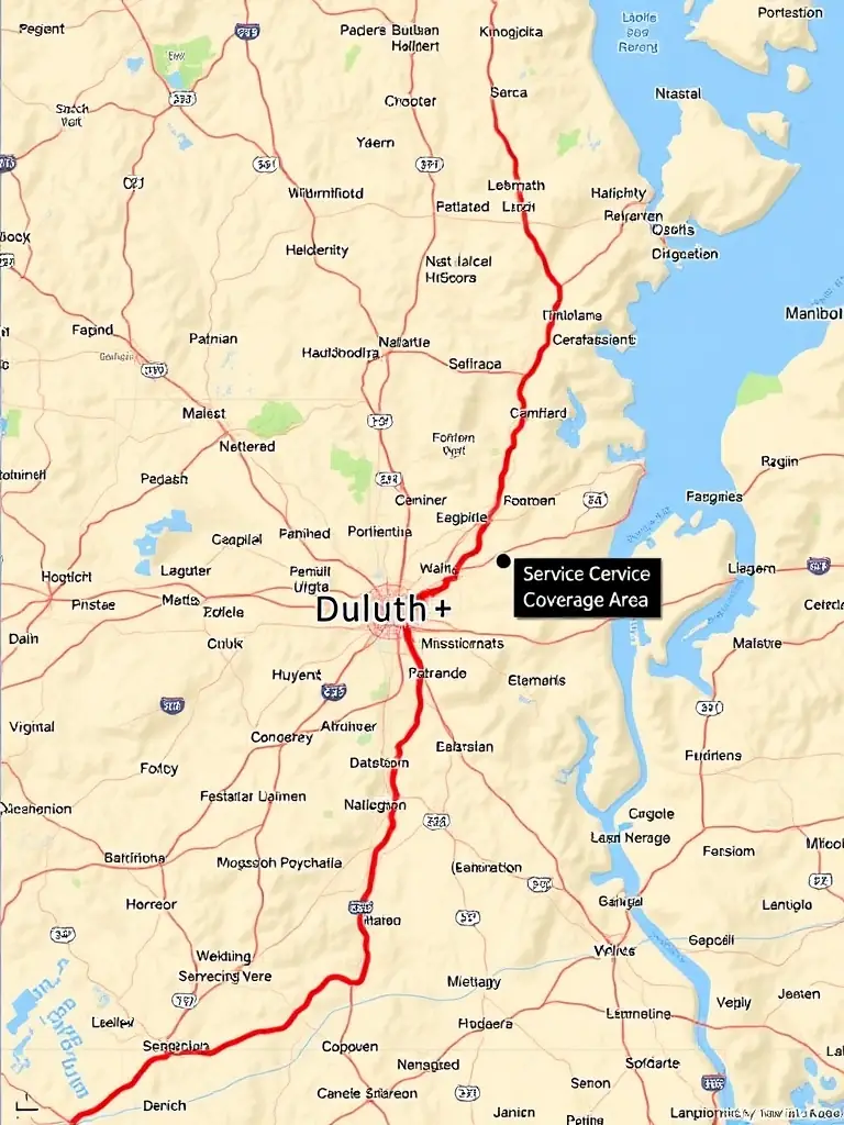 A photo showcasing a map of Duluth and surrounding areas, highlighting multiple business locations connected via a unified VoIP system.