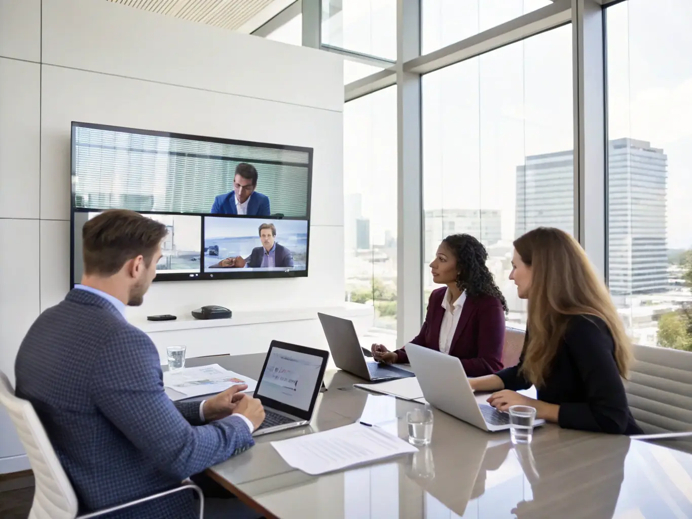 A diverse team of professionals participating in a video conference call using Zultys, highlighting the high-quality video and audio capabilities for effective remote collaboration.