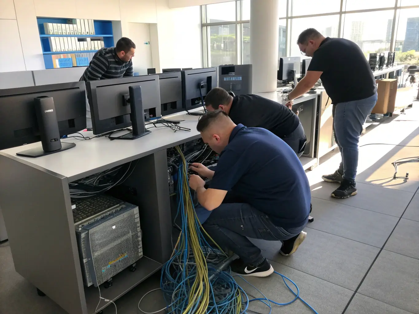 A team of technicians installing a multi-location VoIP phone system across different office spaces, demonstrating Phone Systems Atlanta's expertise in multi-location deployments.