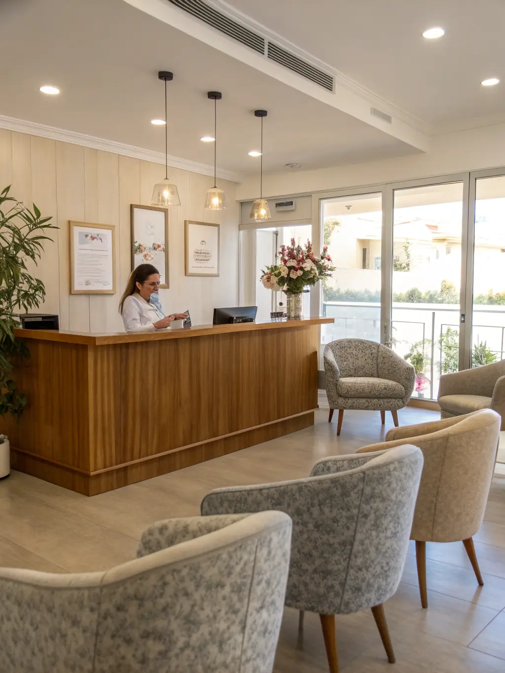 A clean and organized healthcare facility reception area, emphasizing the importance of efficient communication in patient care and administrative tasks.