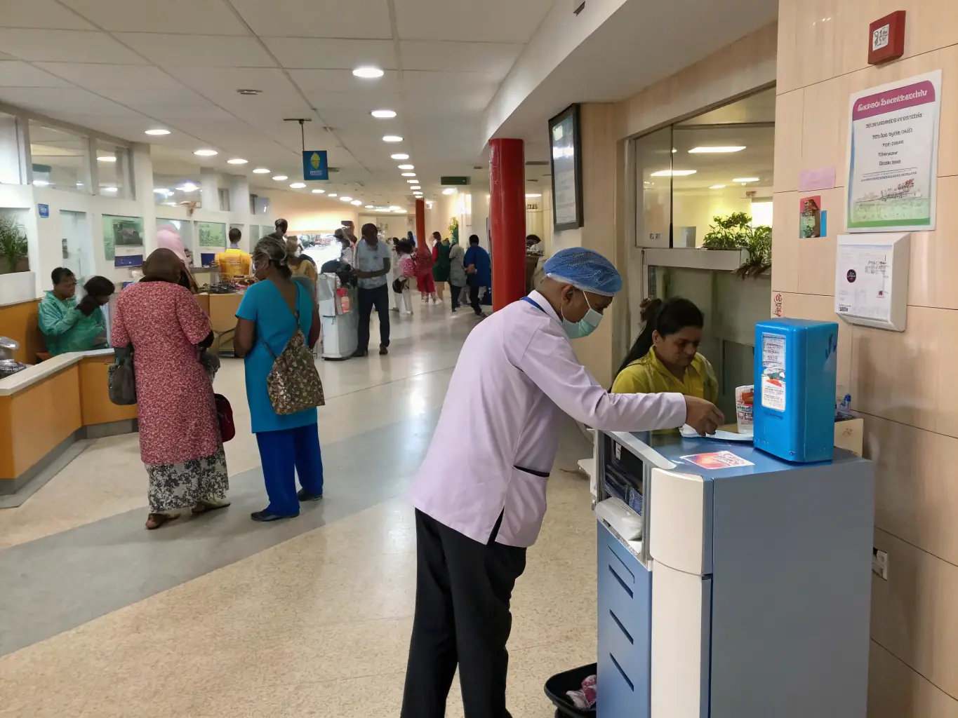 A busy healthcare clinic reception area with staff efficiently managing calls and patient information using a VoIP system.