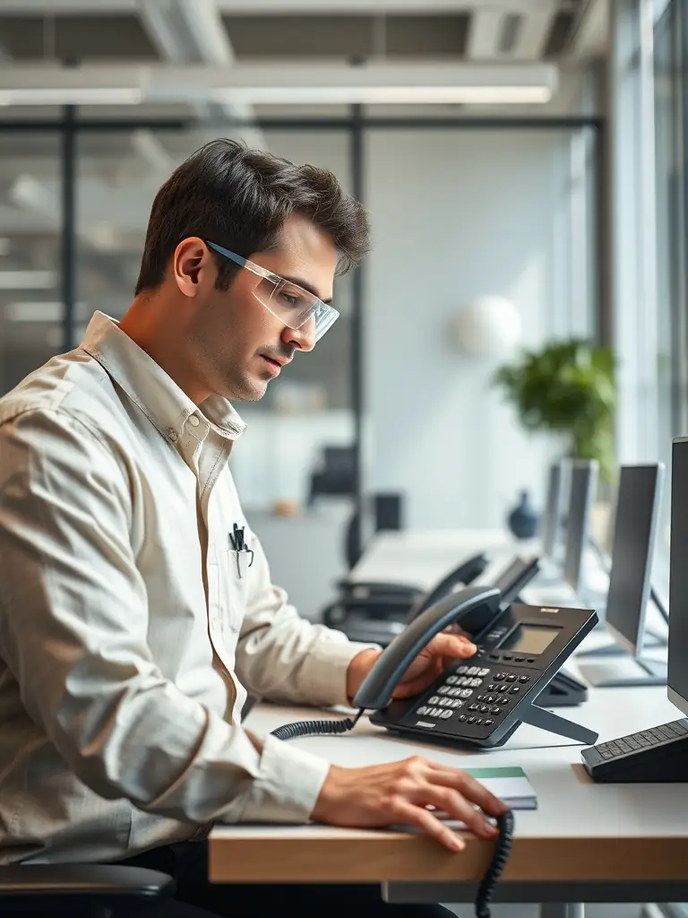 A technician reprogramming a phone system in a new office environment, with a laptop displaying configuration settings.