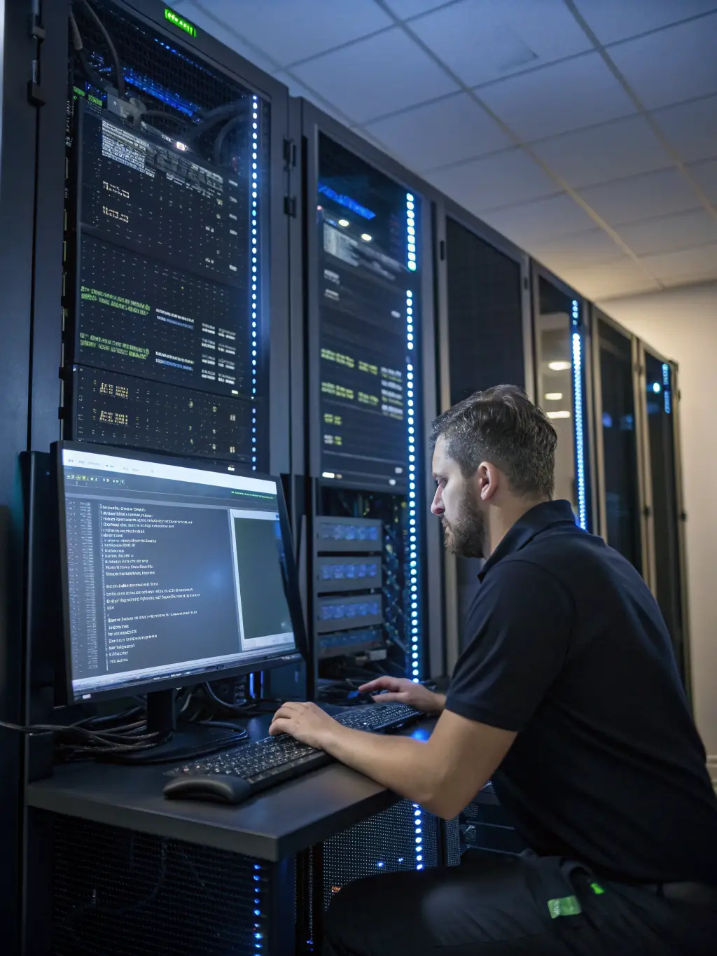 A technician rapidly troubleshooting a VoIP phone system issue in a server room, highlighting Phone Systems Atlanta's commitment to 'fast outage response'.