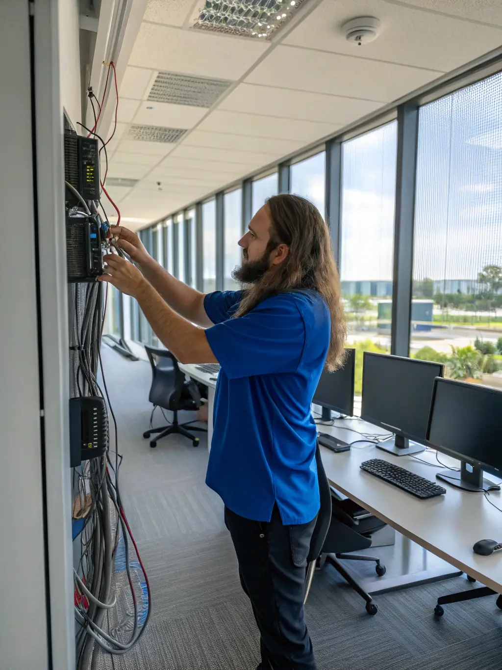 A photo depicting a multi-location business with technicians installing and configuring phone systems across different offices, highlighting the company's capability to handle complex deployments.
