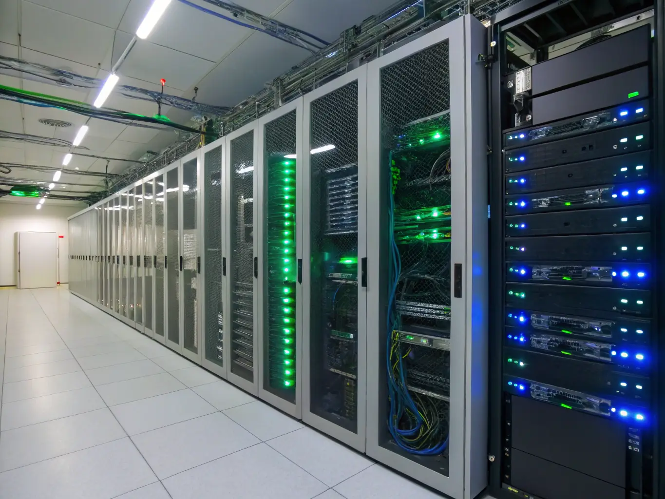 A server room with cloud infrastructure, highlighting the reliability and scalability of cloud solutions for business communication.