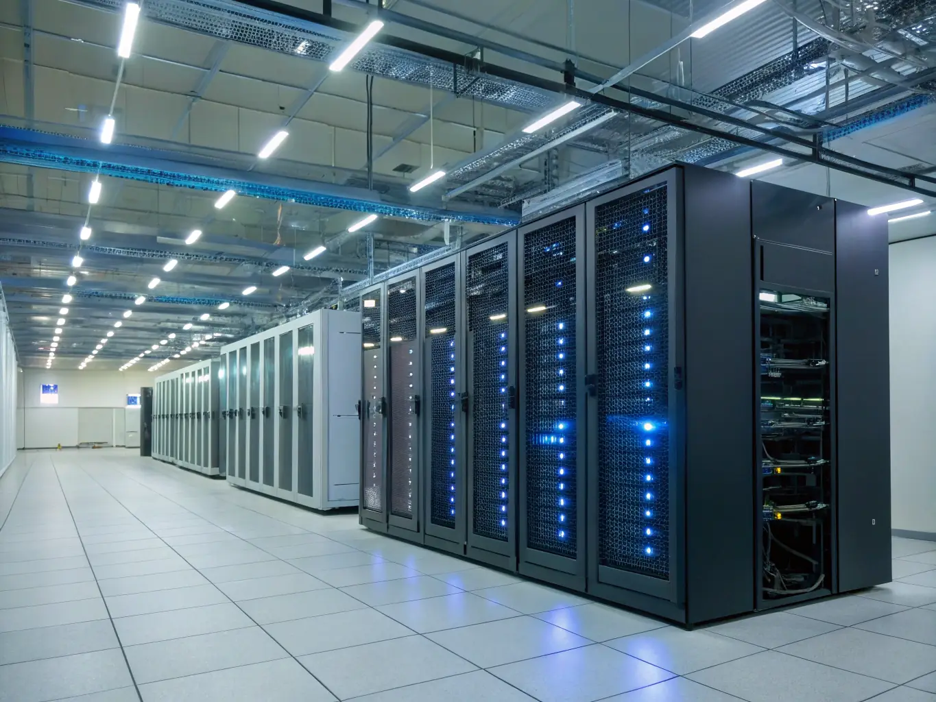 A secure data center showcasing the infrastructure that supports hosted PBX services, emphasizing reliability and data protection.