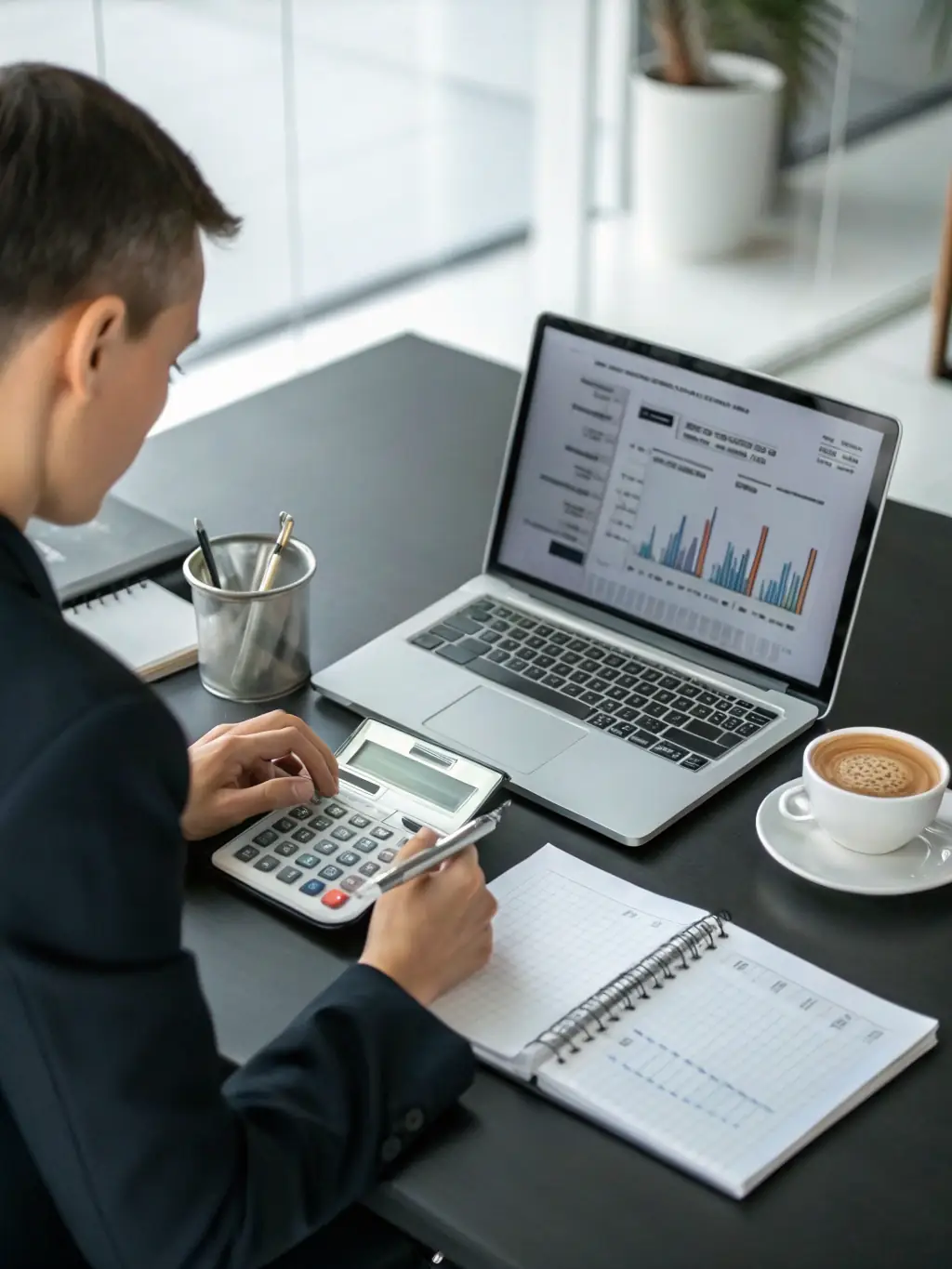 A professional working at a desk, analyzing telecom reports on a computer screen, representing the expertise of Phone Systems Atlanta's team.