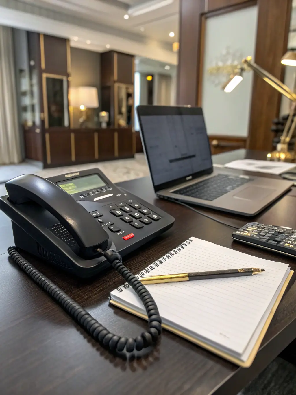 A well-lit office environment featuring an Intermedia Unite phone system setup, showcasing a modern desk phone with the Intermedia logo subtly visible on the screen. The background includes a clean, organized workspace.