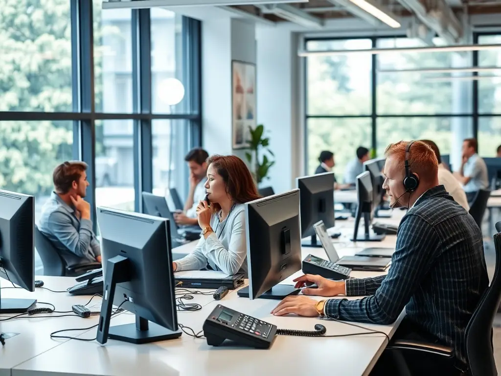 A modern office setting with employees collaborating using VoIP phones, showcasing the flexibility and ease of communication.