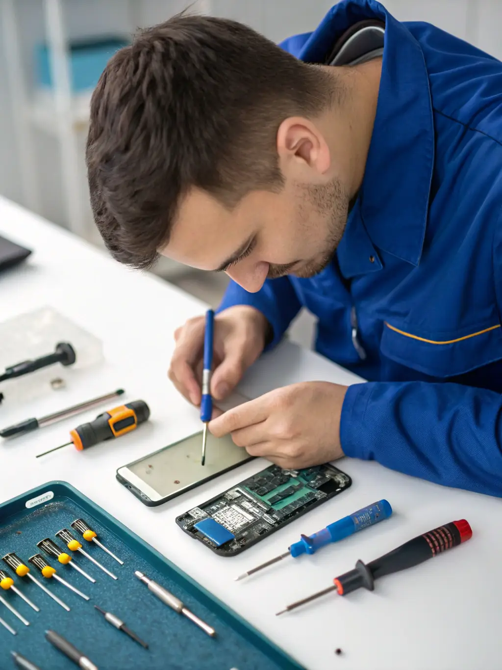 A technician installing a new module or component into a legacy phone system, upgrading its capabilities and extending its lifespan.