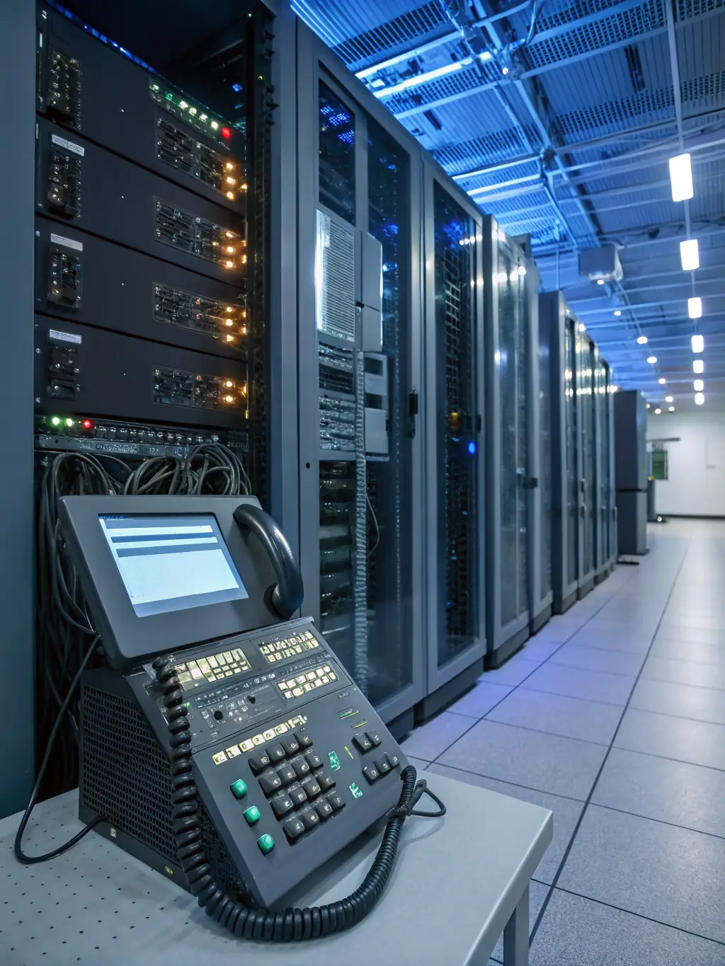 A professional technician installing a Zultys IP phone system in a server room, with visible cabling and network equipment. The Zultys logo is prominently displayed on the phone.