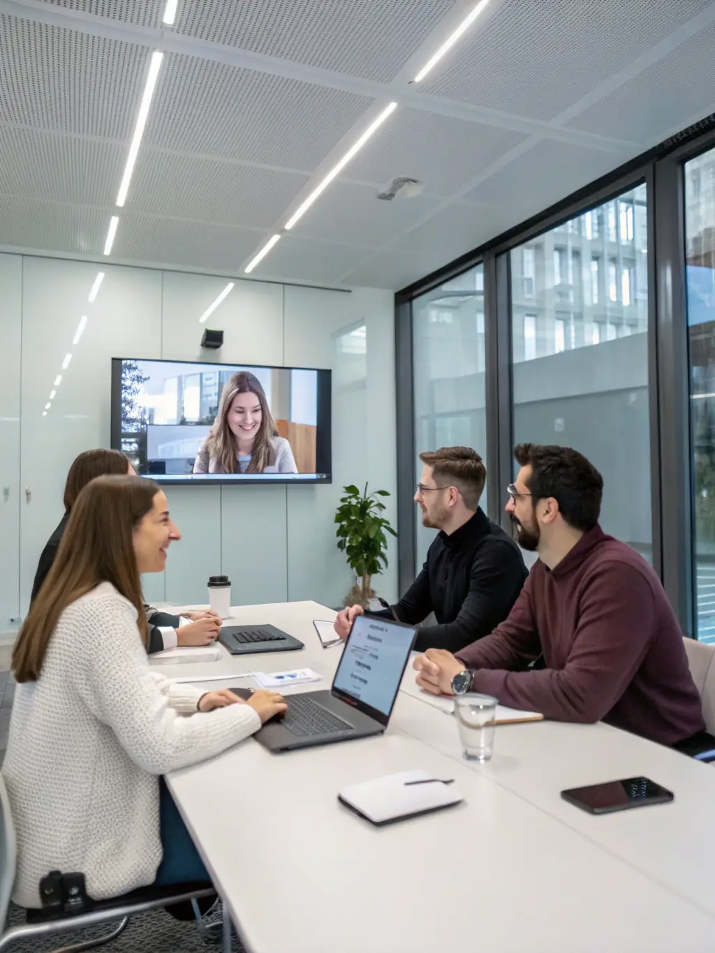 An image of multiple people participating in a video conference call, illustrating the conferencing capabilities of the Hosted PBX system.