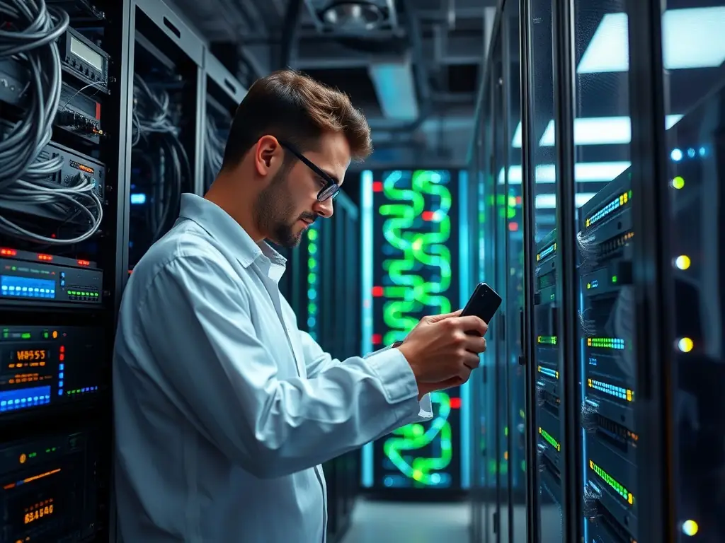 A technician installing structured cabling in a server room, highlighting the organized and efficient setup of the network infrastructure.