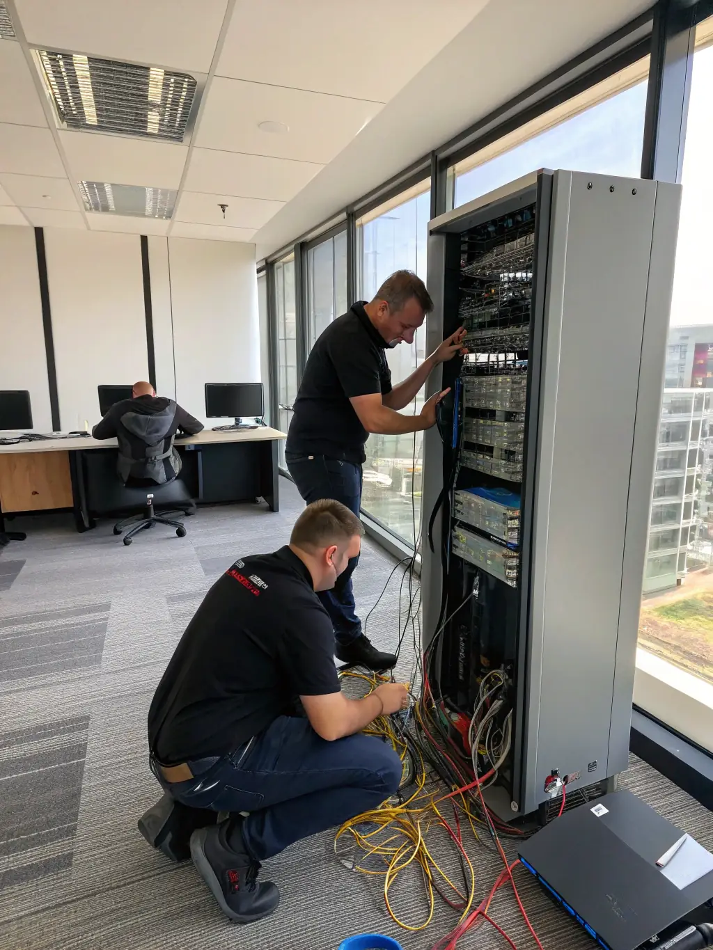 Technicians installing a network rack with office staff in the background, showcasing professional Business Phone System Installation.