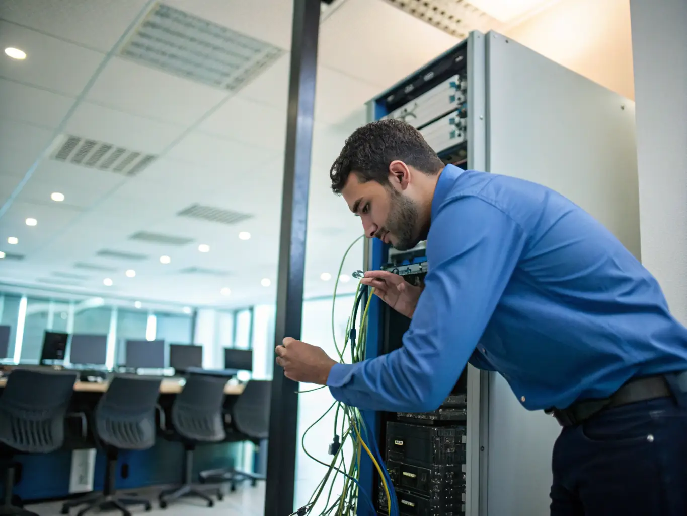 A technician is quickly responding to an outage at a client's office, showcasing the fast outage response service provided by Phone Systems Atlanta.