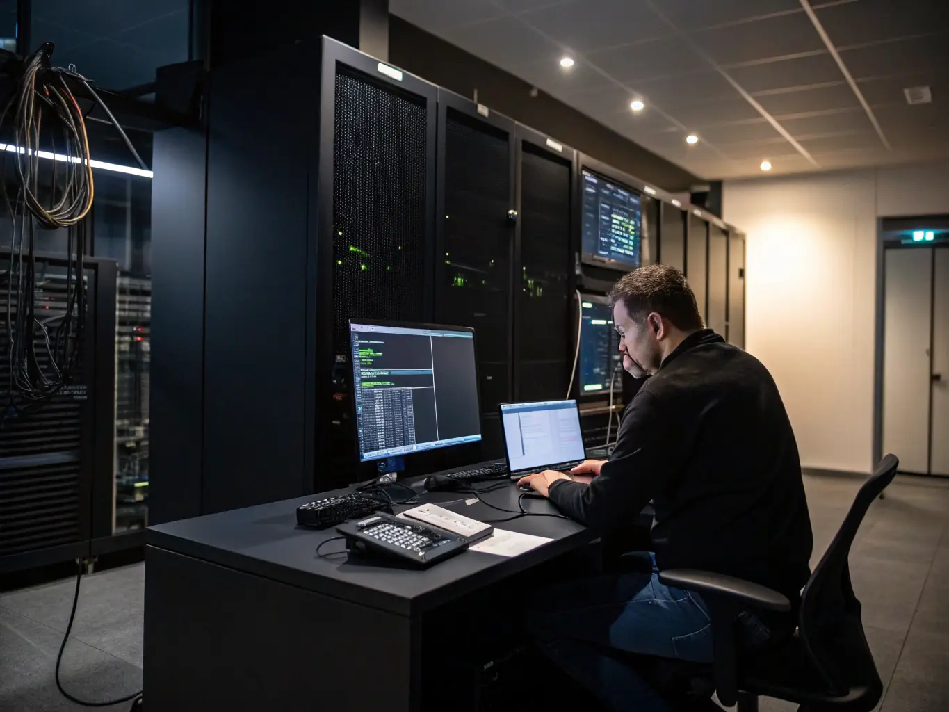 A technician configuring a VoIP phone system in a business office, showcasing modern IP phones and network equipment.