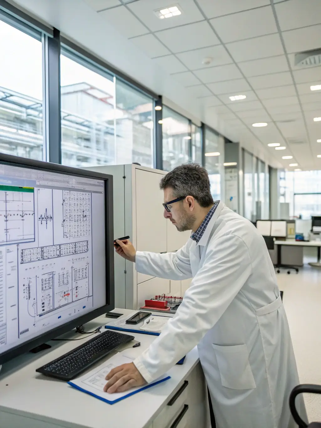 A detailed image of a blueprint being reviewed by a telecom engineer, highlighting the design-before-install approach of Phone Systems Atlanta.