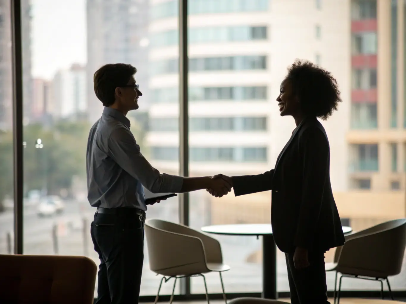 A satisfied customer shaking hands with a Phone Systems Atlanta representative, symbolizing the company's dedication to building strong, long-lasting relationships.