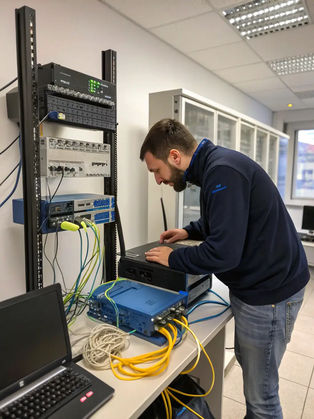 A telecom engineer meticulously planning a phone system design on a digital tablet, surrounded by blueprints and network diagrams, in a brightly lit office setting. The image should convey precision and a design-first approach.