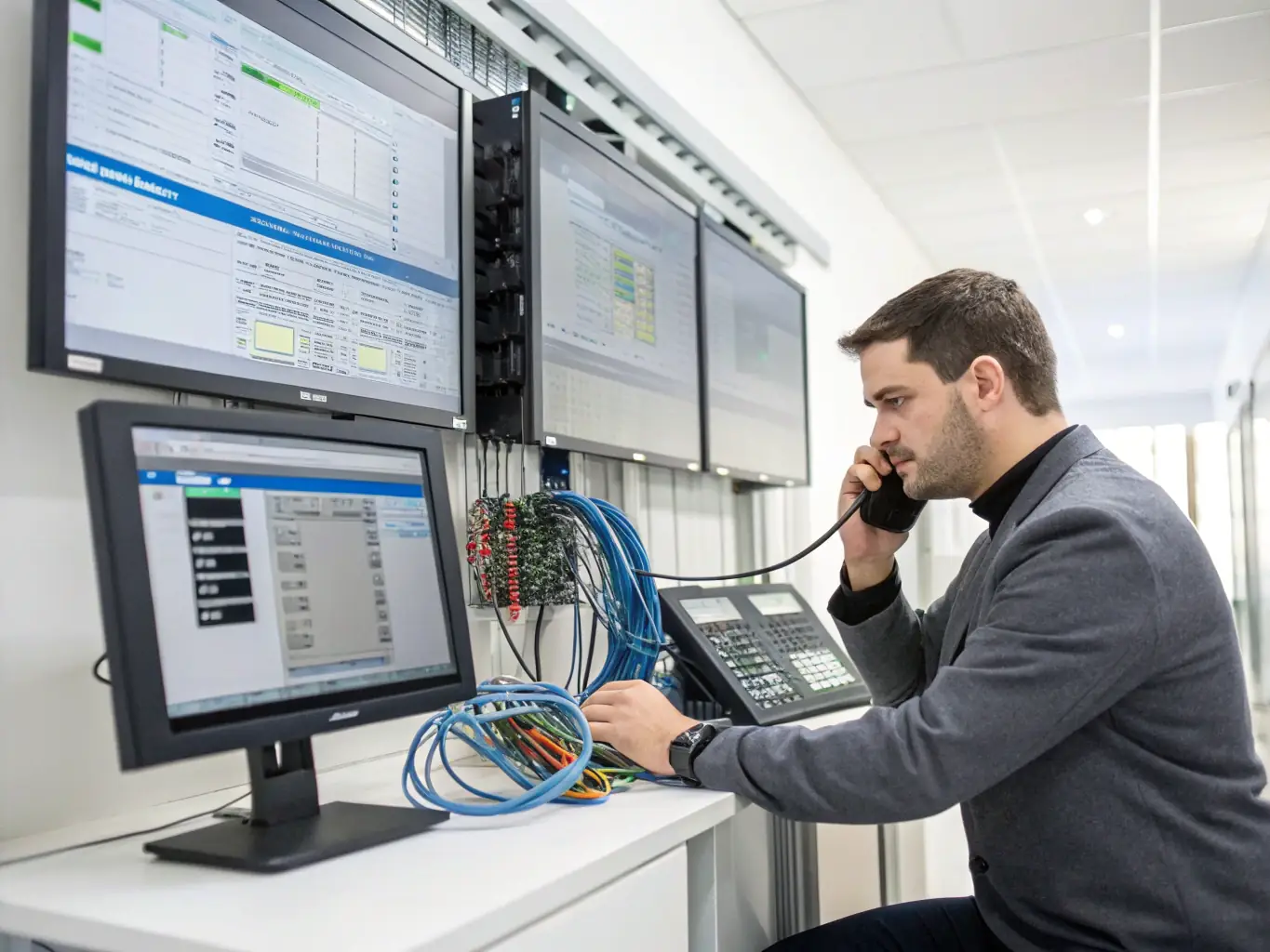 A technician configuring a Nortel phone system, highlighting the specialized knowledge needed for these systems.