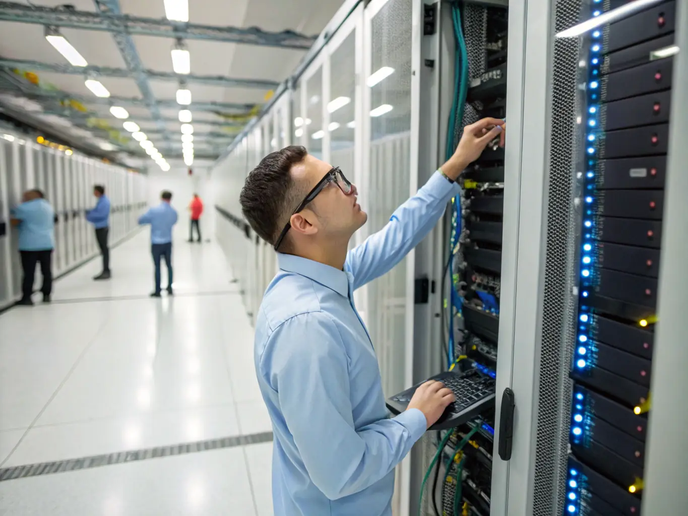 A technician performing a network readiness assessment using specialized testing equipment in a server room, ensuring seamless VoIP integration and performance.