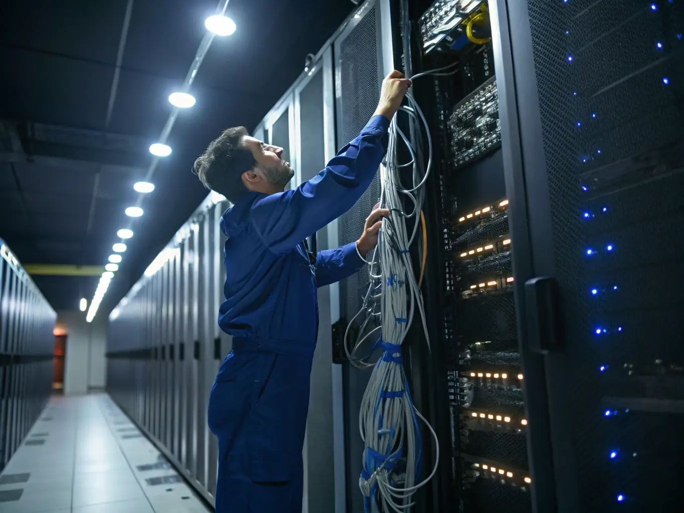 A network engineer carefully inspecting network racks and cabling, emphasizing the importance of ensuring network readiness for VoIP deployment.
