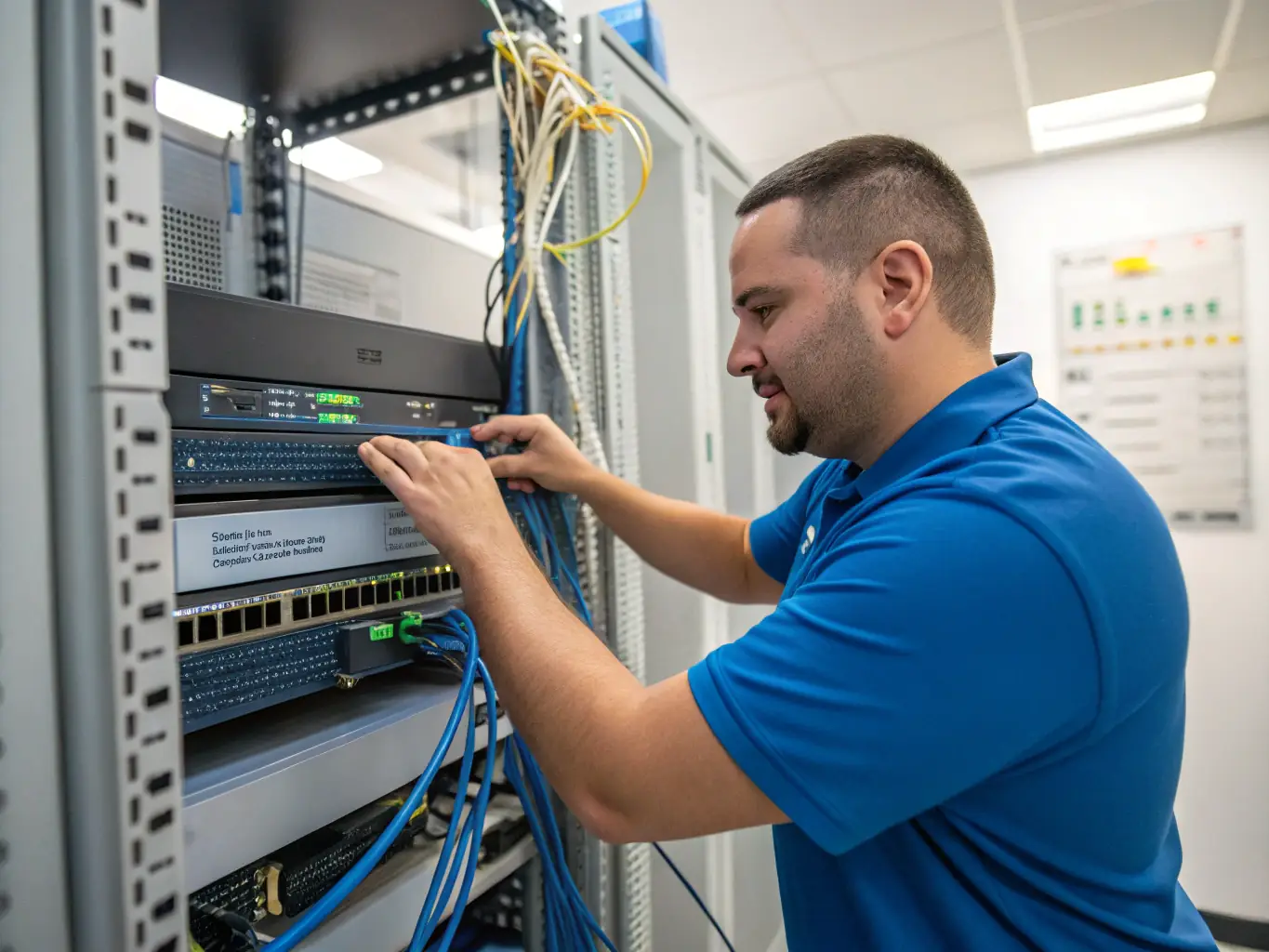 A professional IT technician is setting up a network switch in a server room, highlighting the design before install service offered by Phone Systems Atlanta.