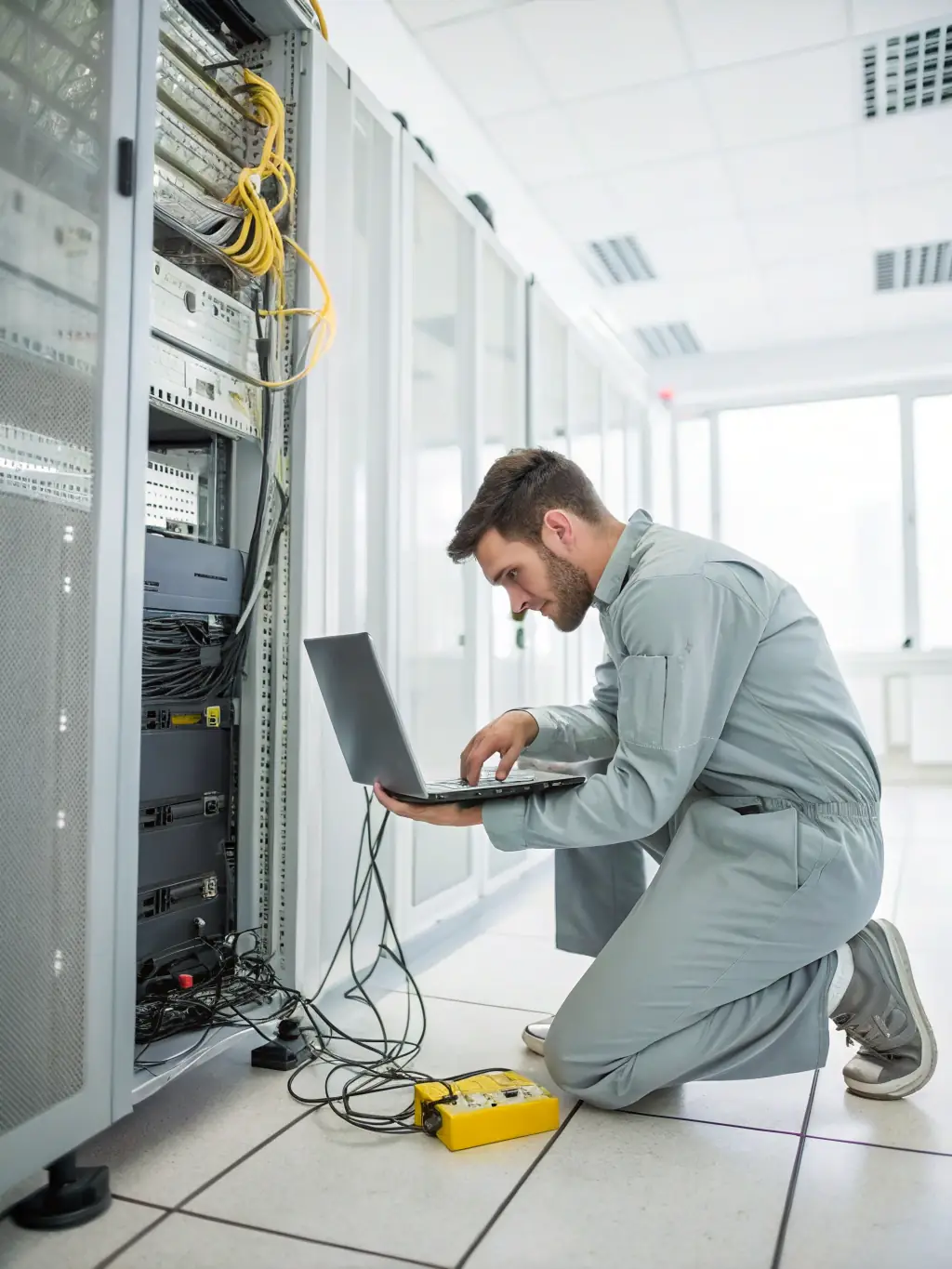 A photo of a network technician meticulously checking network infrastructure with testing equipment, emphasizing the importance of network readiness for reliable phone system operation.
