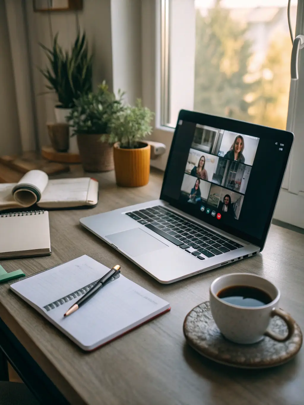 A professional working remotely from a home office, participating in a video conference call on a laptop, showcasing the flexibility of cloud phone systems for remote work.