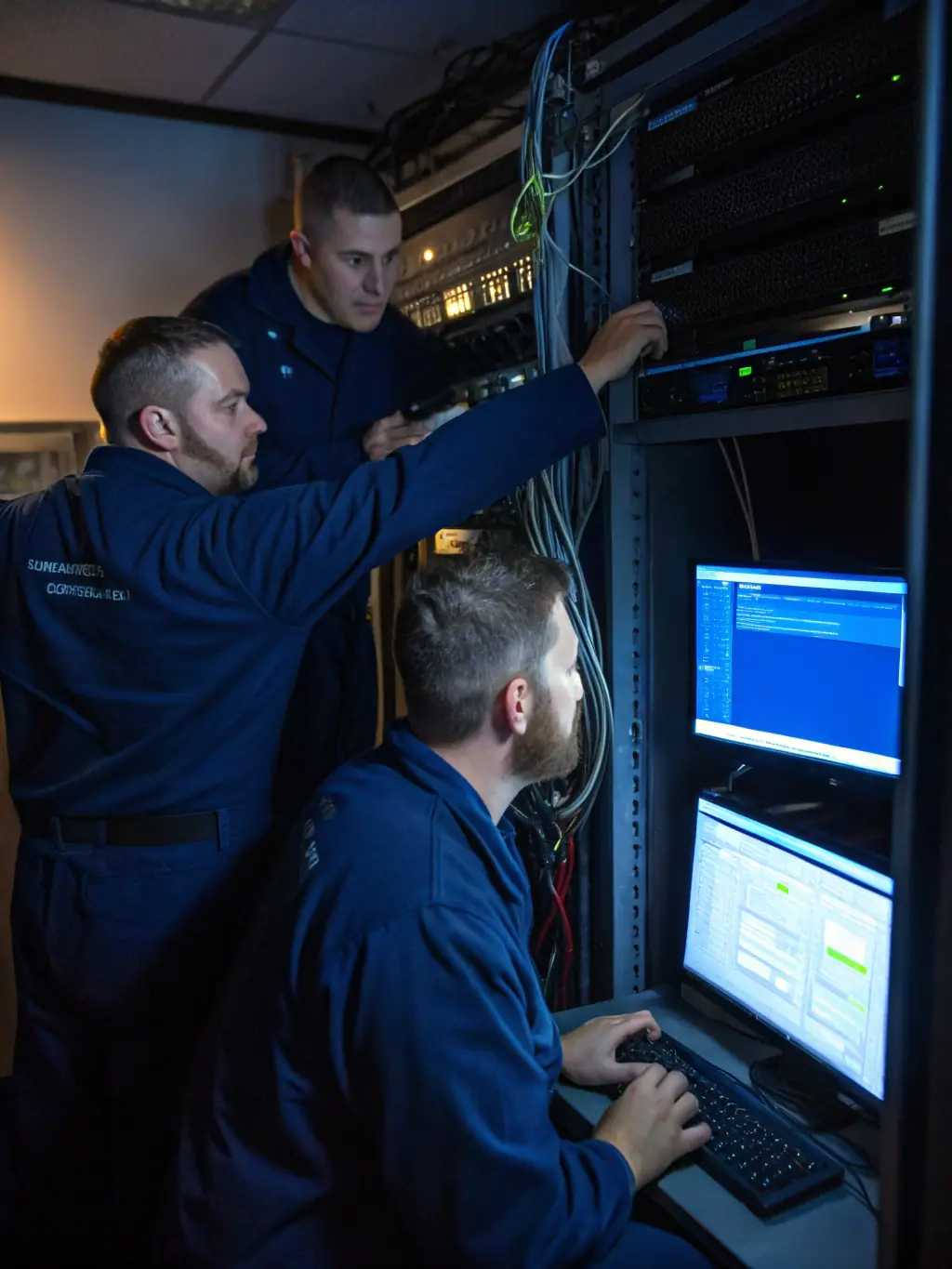 A detailed photo of Phone Systems Atlanta technicians collaborating on a phone system design, showcasing their expertise and collaborative approach to ensure optimal system configuration before installation.