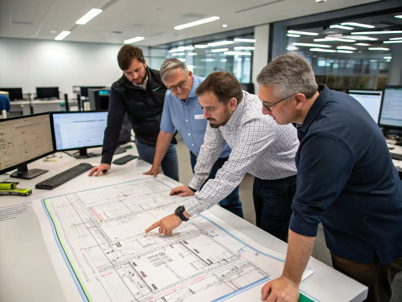 A team of experienced telecom engineers collaborating on a complex network design, highlighting Phone Systems Atlanta's expertise and commitment to delivering cutting-edge solutions.