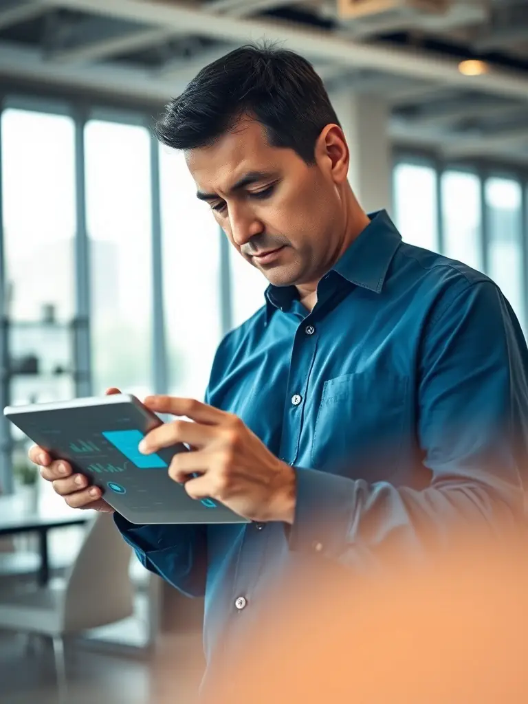 A professional telecom engineer designing a VoIP phone system layout on a digital tablet, showcasing the 'design before install' service offered by Phone Systems Atlanta.