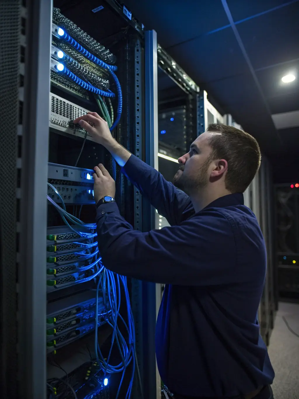 A network engineer carefully analyzing network infrastructure with specialized testing equipment, emphasizing Phone Systems Atlanta's commitment to network readiness.
