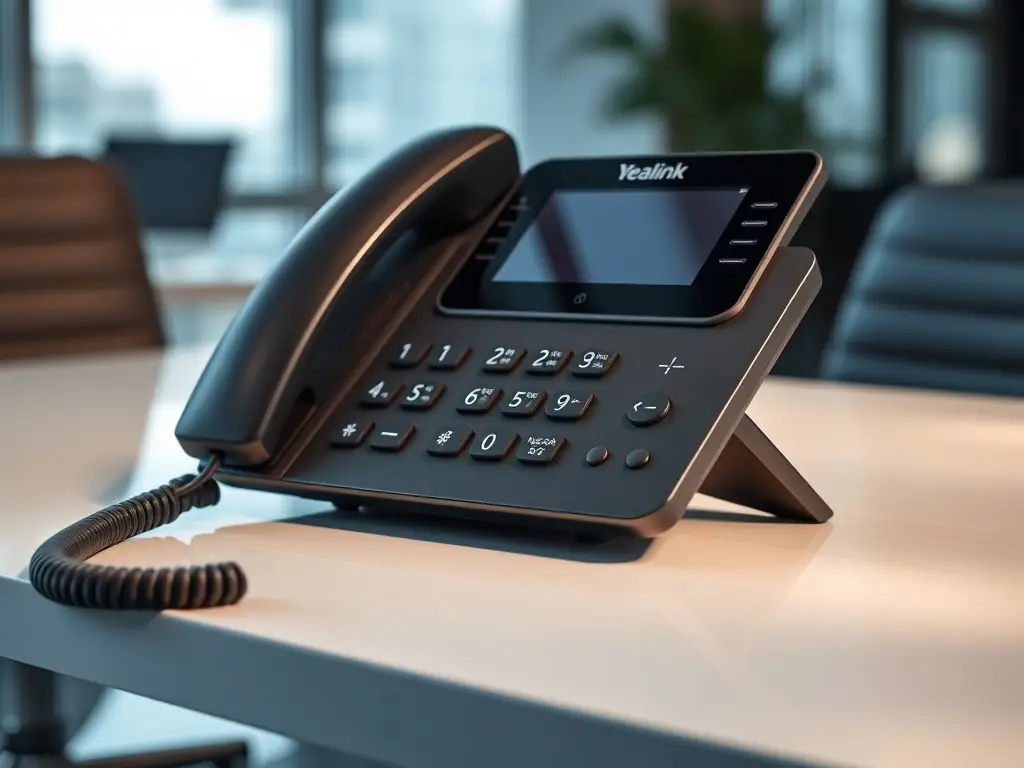 A close-up of a modern VoIP phone displaying advanced call management features, such as call routing and auto-attendant options.