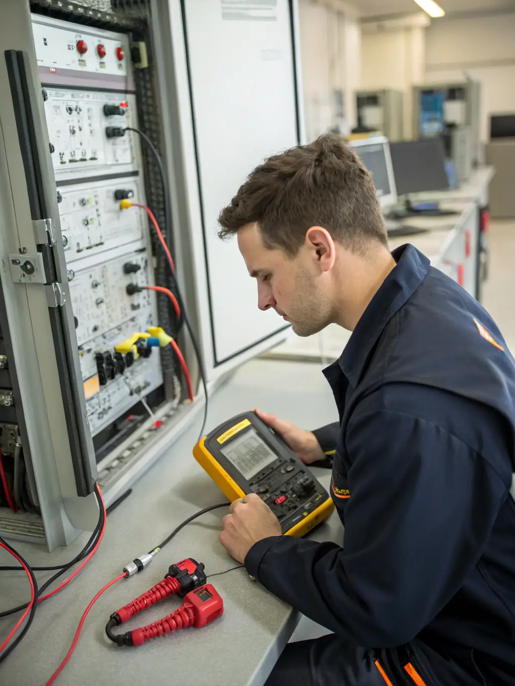 A technician troubleshooting a legacy phone system issue, using diagnostic tools and techniques.