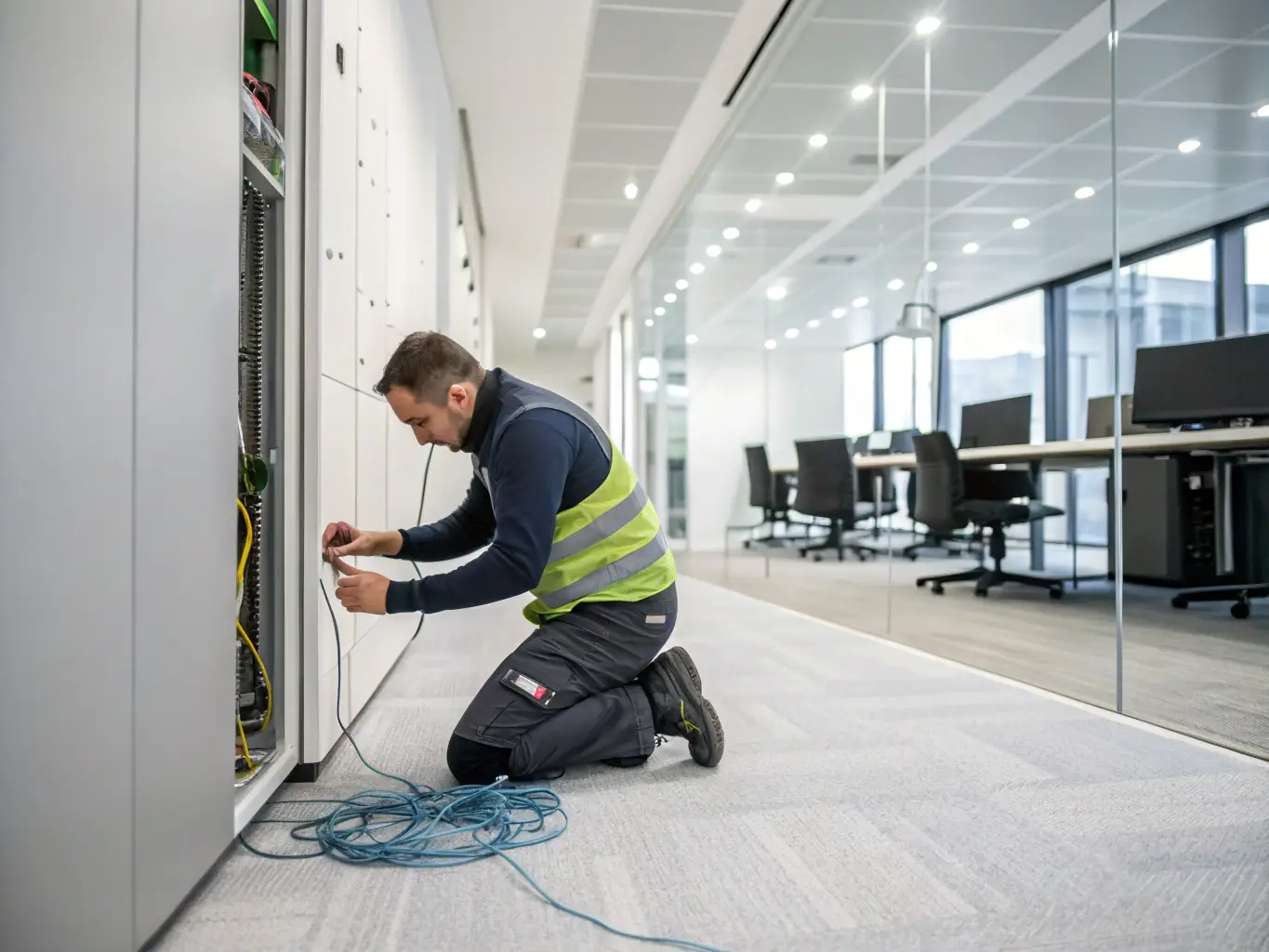 A technician installing structured cabling in a modern office environment, focusing on Cat6A cables and organized cable management.