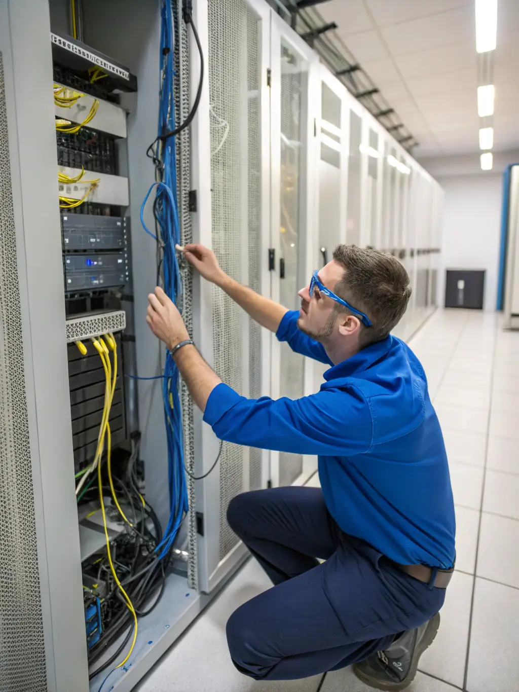 A technician installing a VoIP phone system in a server room, emphasizing the professional installation services offered by DataTel 360.
