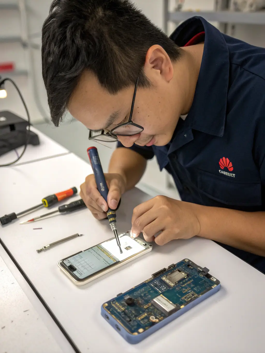 A technician repairing a VoIP phone, highlighting the prompt and reliable repair services offered in Duluth.
