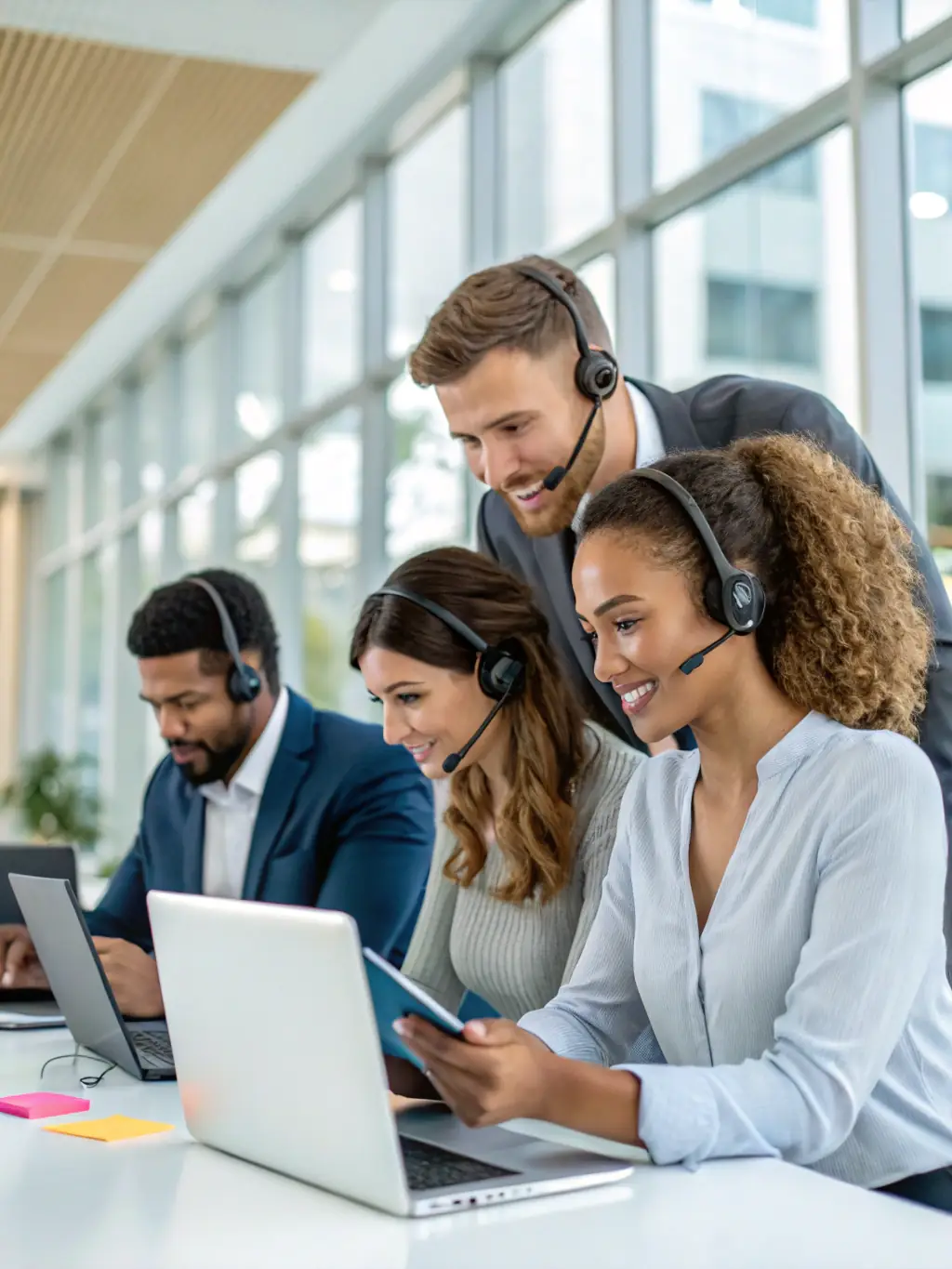 A modern office space in Lawrenceville, GA, showcasing a team collaborating on VoIP solutions, with visible Yealink IP phones on desks.