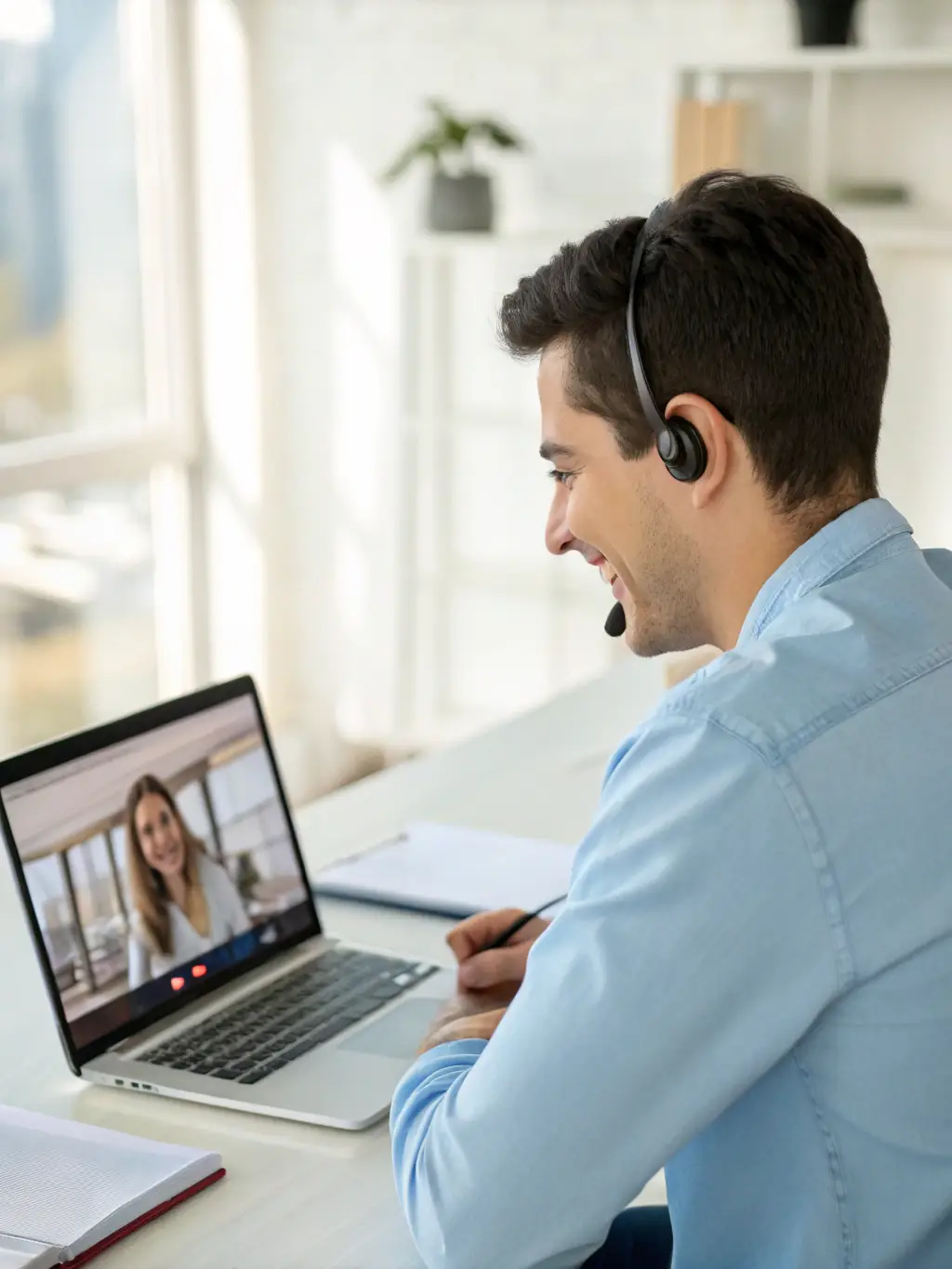A photo of a Phone Systems Atlanta support team member providing technical assistance to a Duluth business client via video conference.