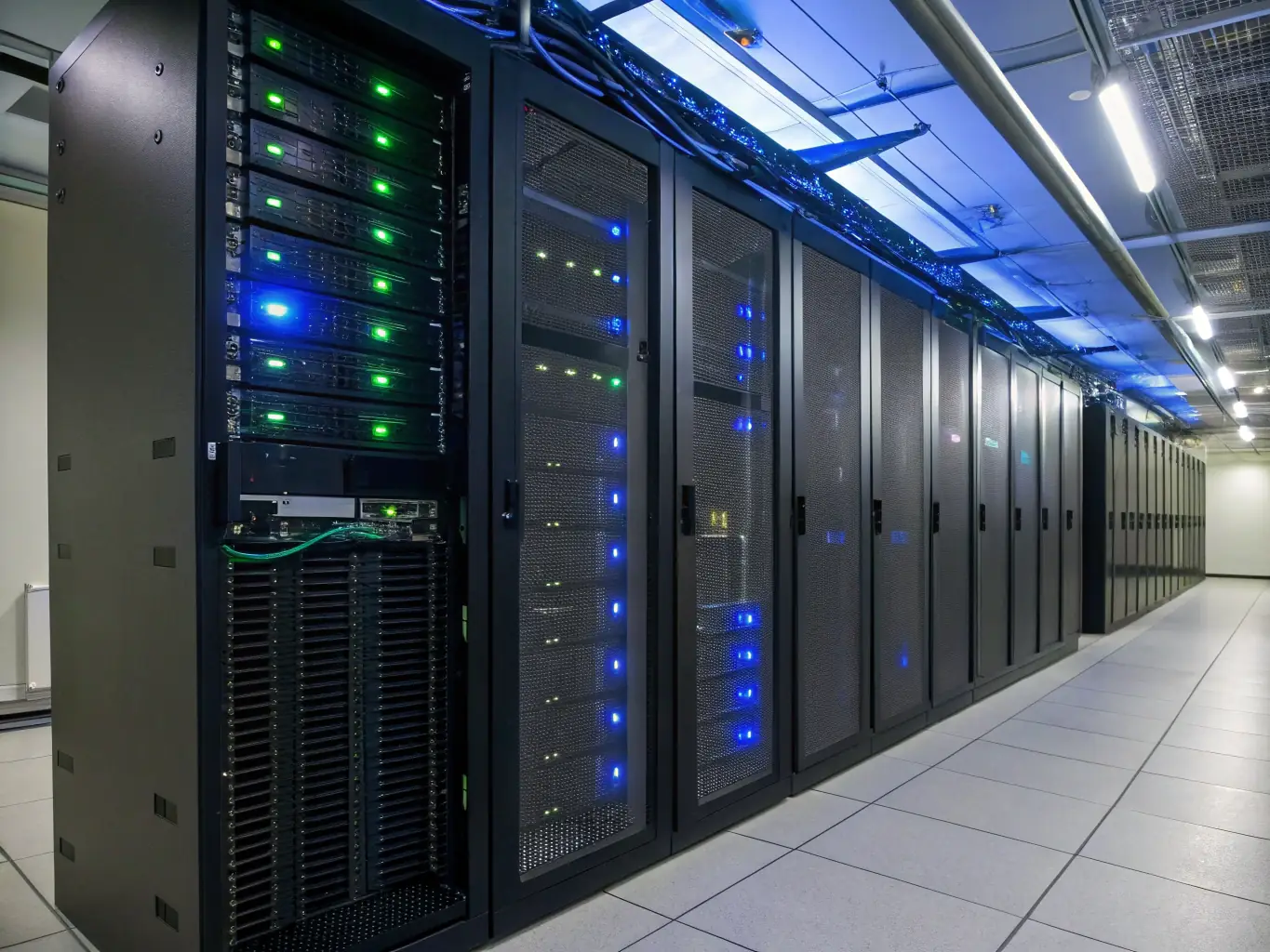 A server room with neatly arranged network racks and blinking lights, symbolizing the reliability and control of on-premise Zultys deployments.