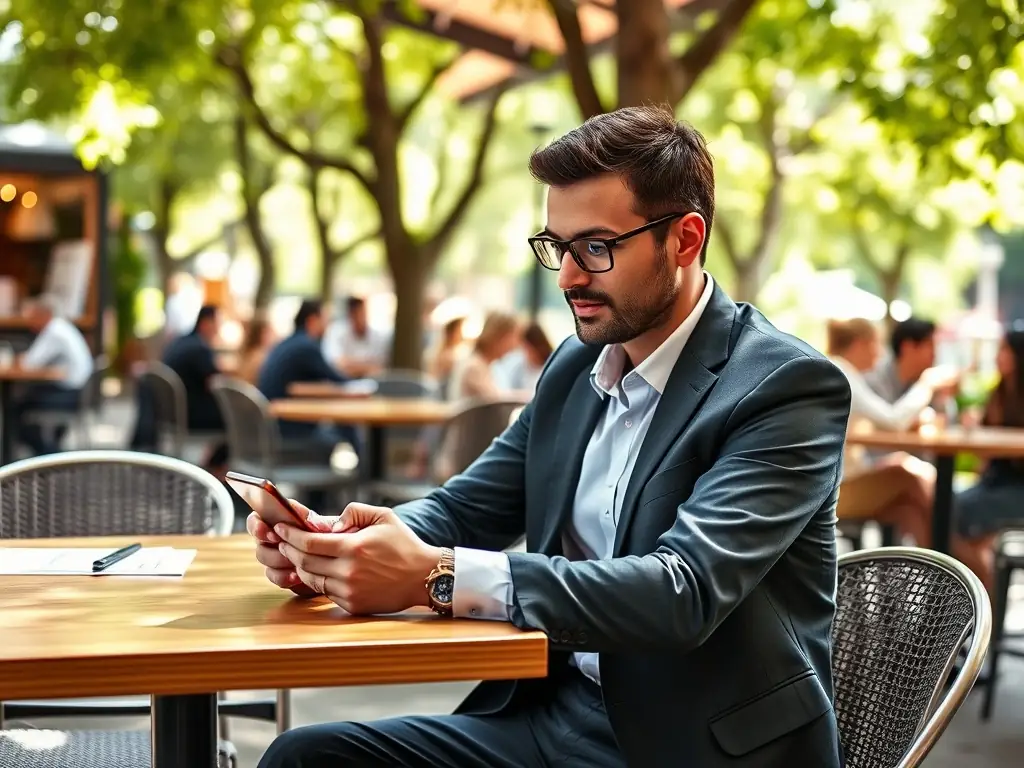 A person using the Zultys Mobile ZAC app on their smartphone while working remotely from a coffee shop. The app is seamlessly integrated with the cloud PBX system, allowing for easy communication and collaboration.