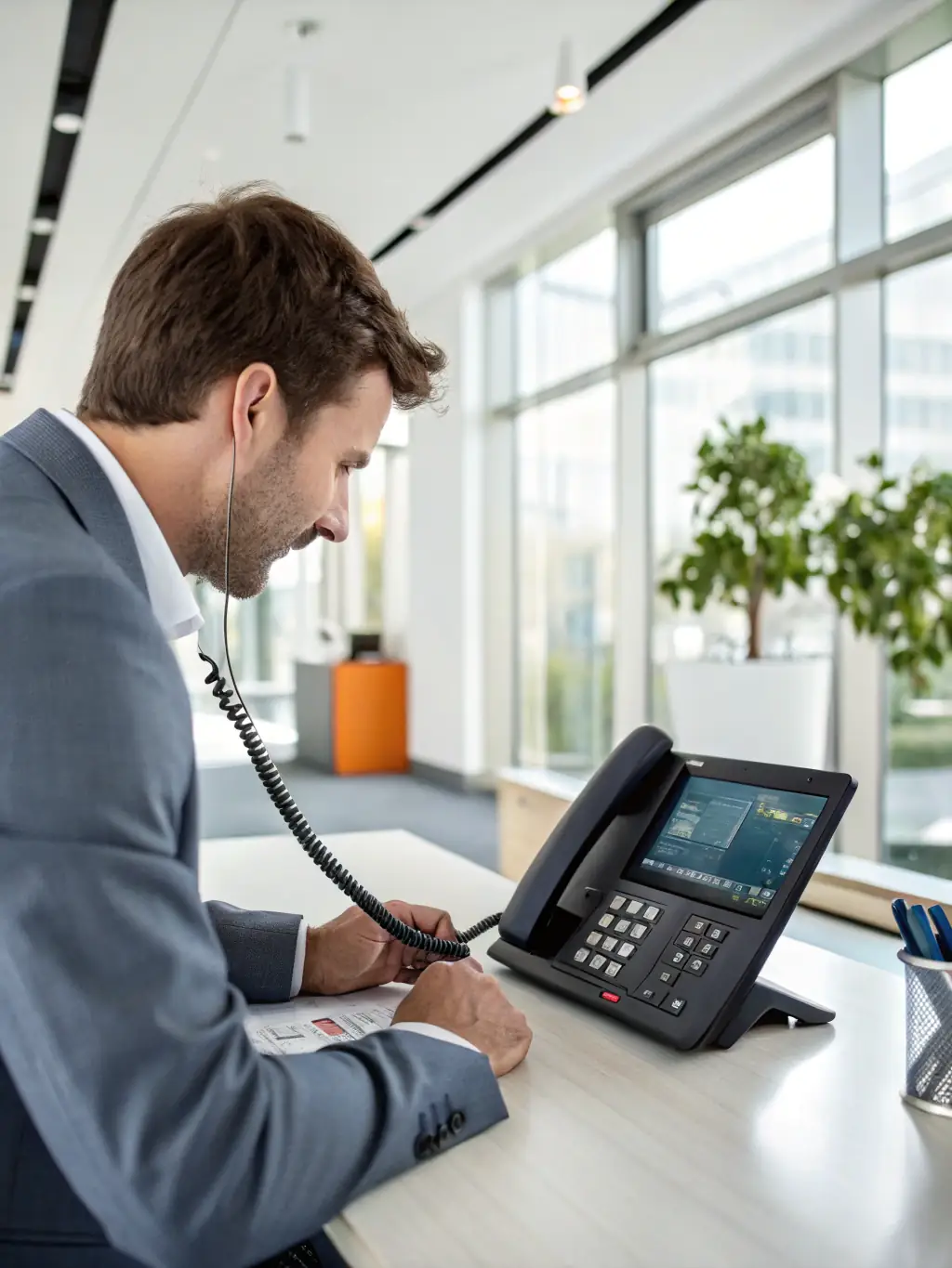 A professional using Zultys MX's call transcription feature on their desktop, with accurate text appearing in real-time.