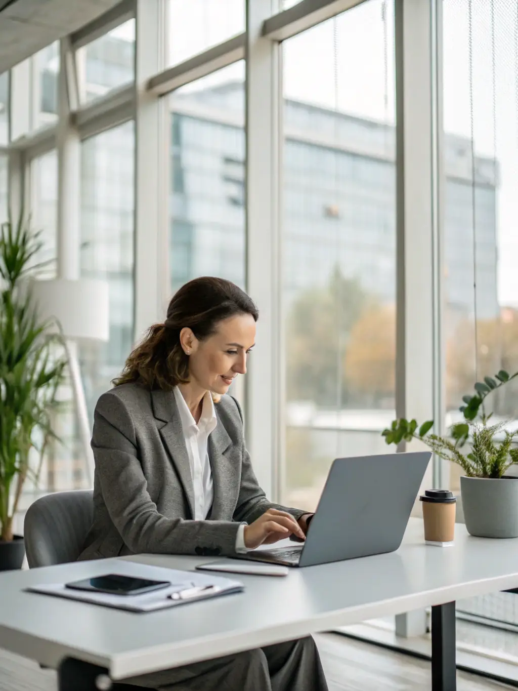 A professional using an AI-powered VoIP system in a modern Atlanta office, showcasing the system's user-friendly interface and seamless integration with other business tools.