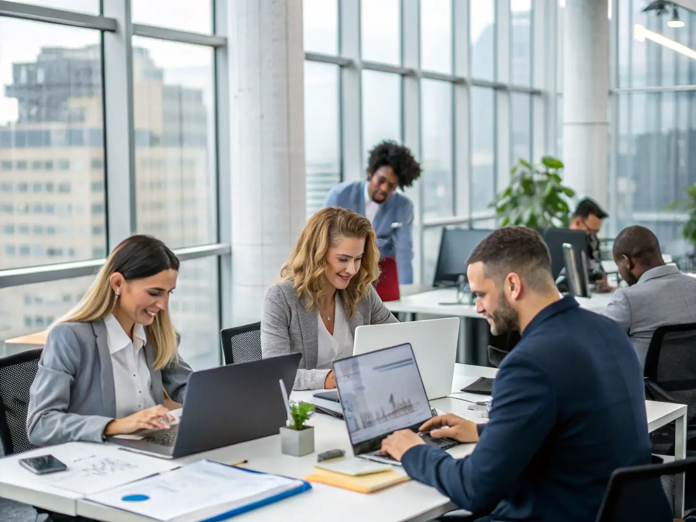 A professional office setting with employees collaborating remotely via mobile devices, showcasing the flexibility and connectivity of the AI-Powered VoIP system.