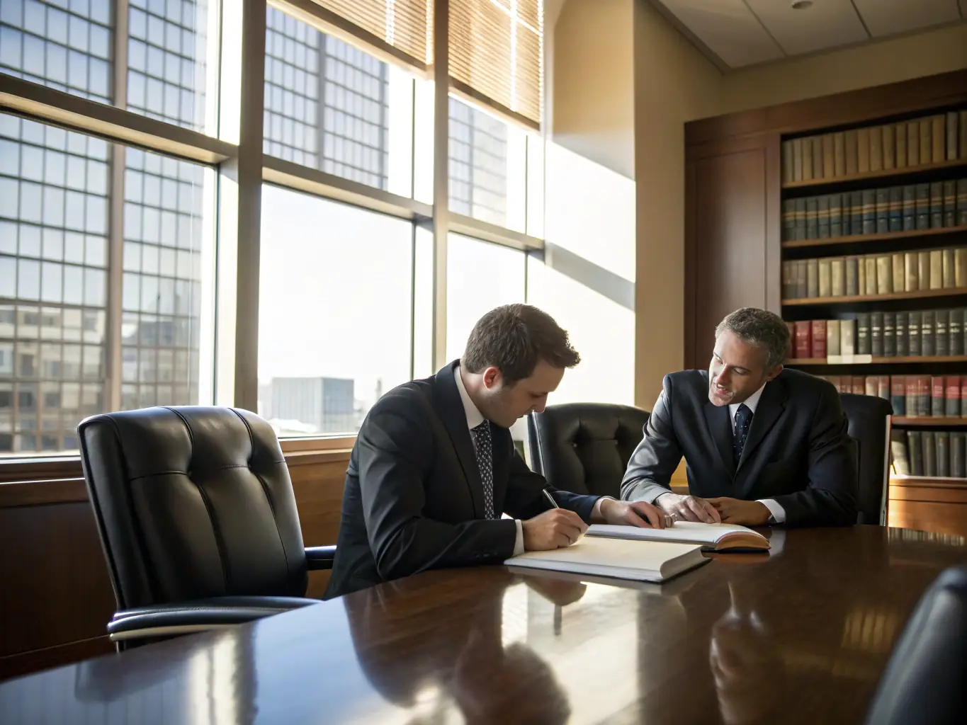 A busy legal firm with lawyers consulting clients, representing the need for efficient call management and lead capture that AI Receptionist provides to legal practices.