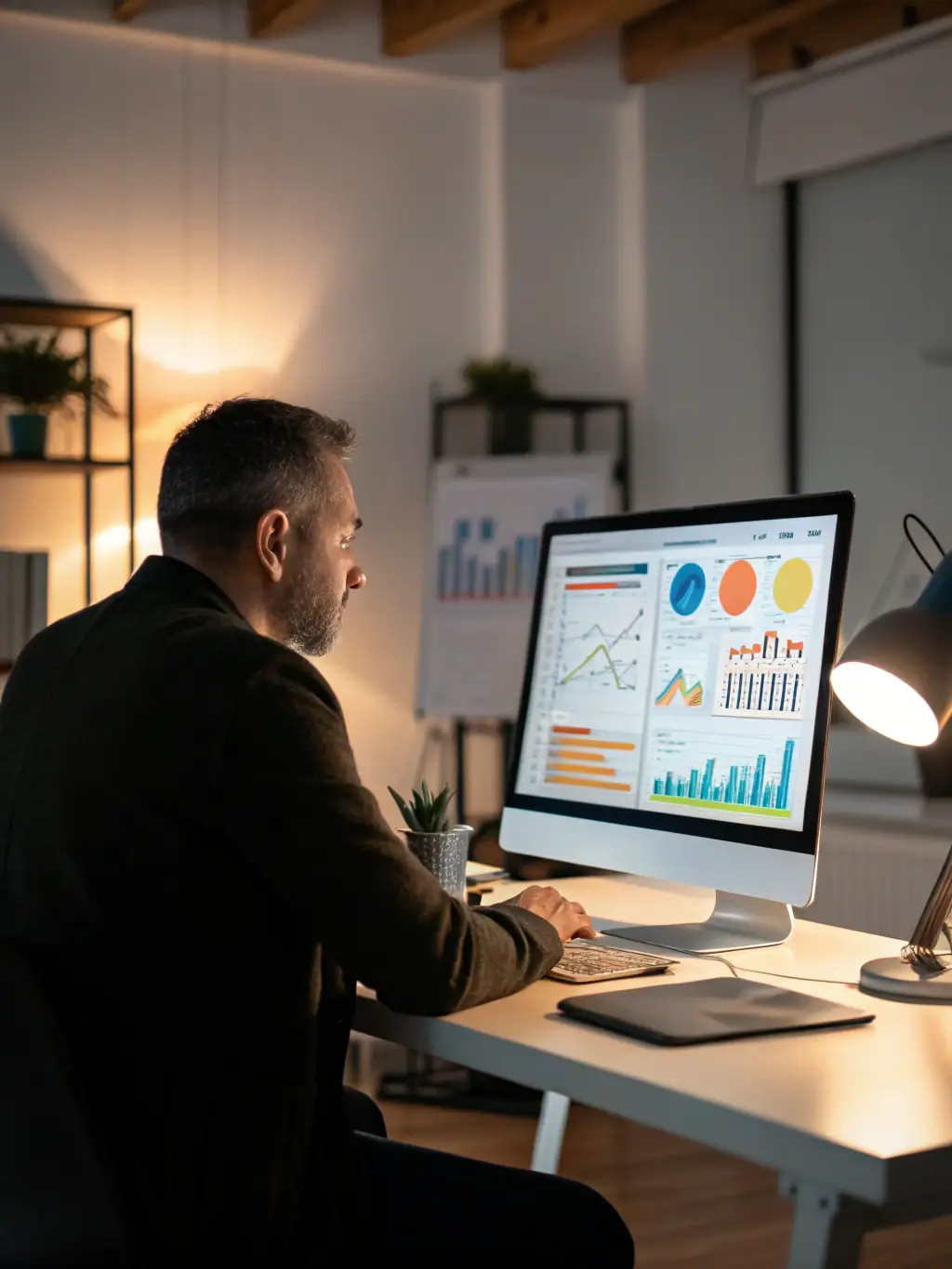 An Atlanta business owner reviewing call analytics and performance reports generated by the AI-powered VoIP system, highlighting data-driven decision-making.
