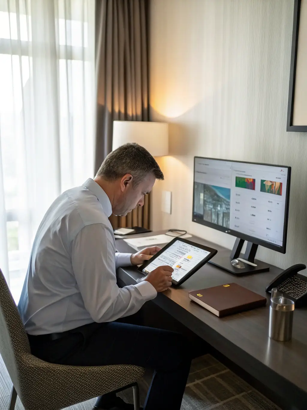 A manager reviewing a concise AI-generated summary of a customer service call on their tablet, highlighting key issues and resolutions.