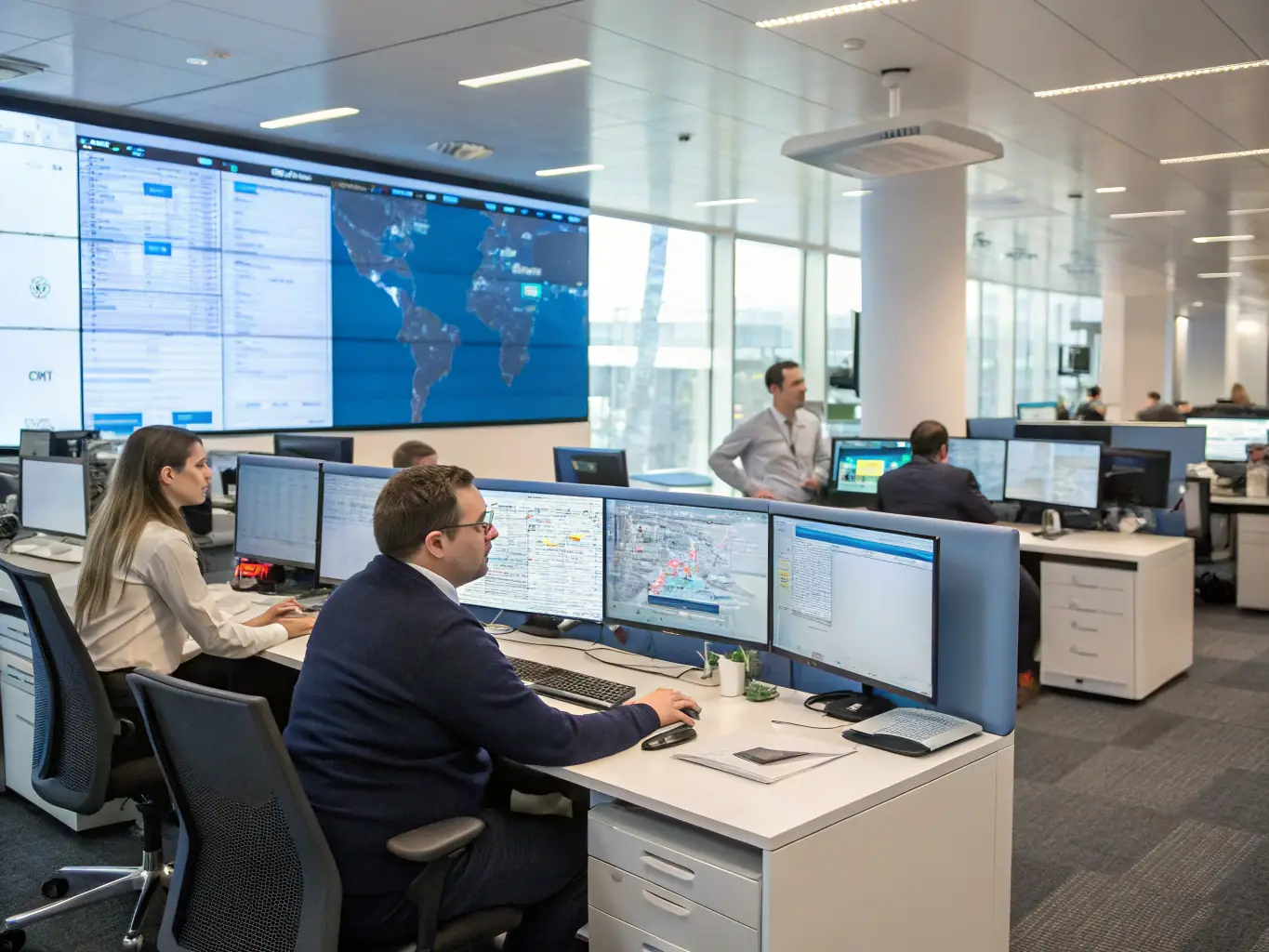 A multi-location office with employees working in different departments, showcasing the need for centralized communication and efficient call routing that AI Receptionist offers to multi-location businesses.